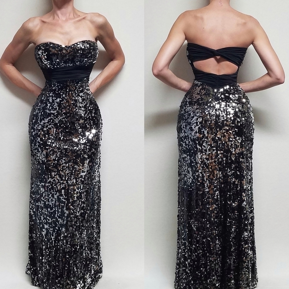 90s Vintage Xtraordinary Black Silver Reversible Sequin Strapless Formal Gown M